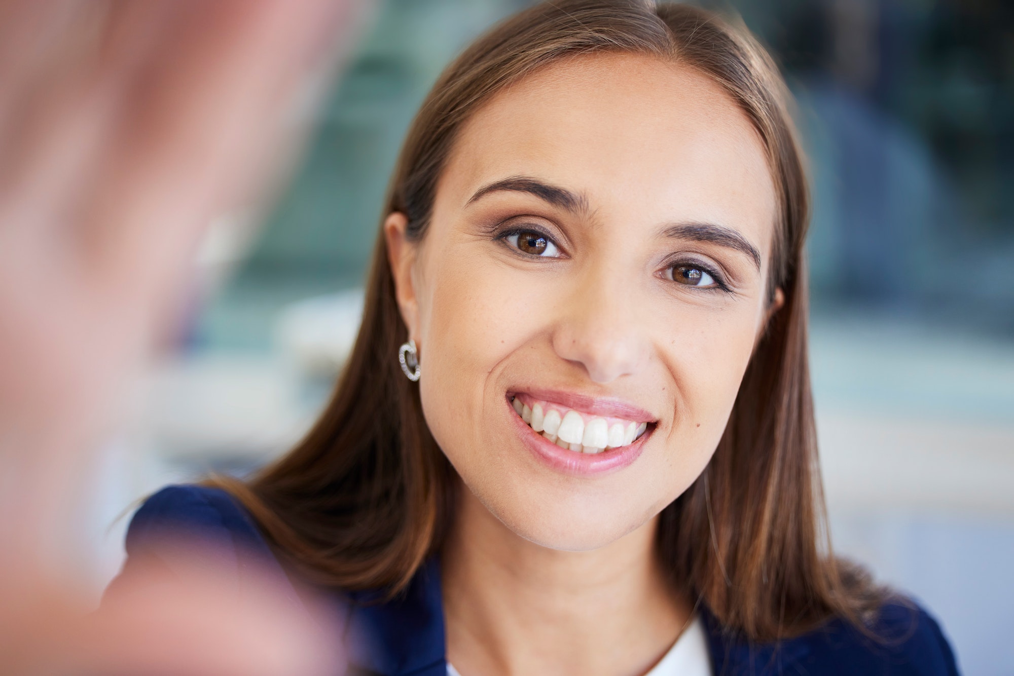 Woman, office selfie and smile in portrait for profile picture, social media app and success in fin